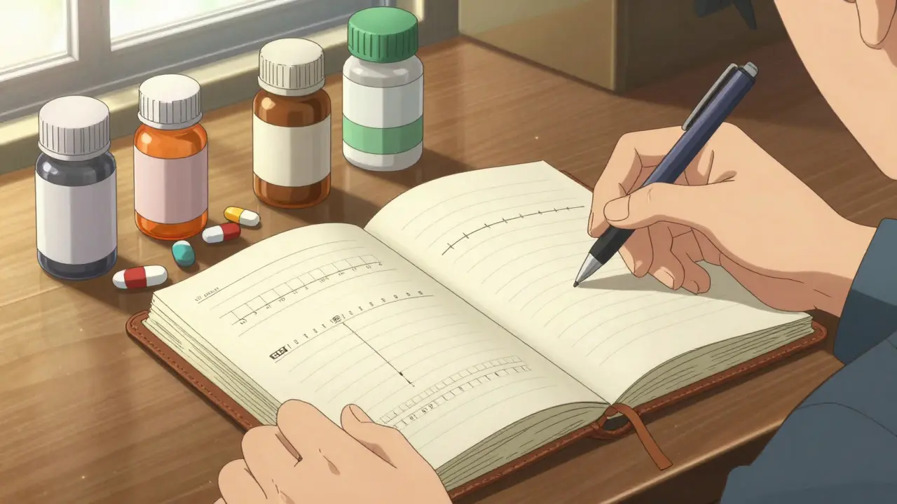 Close up of hands documenting symptoms in a journal beside medication bottles.