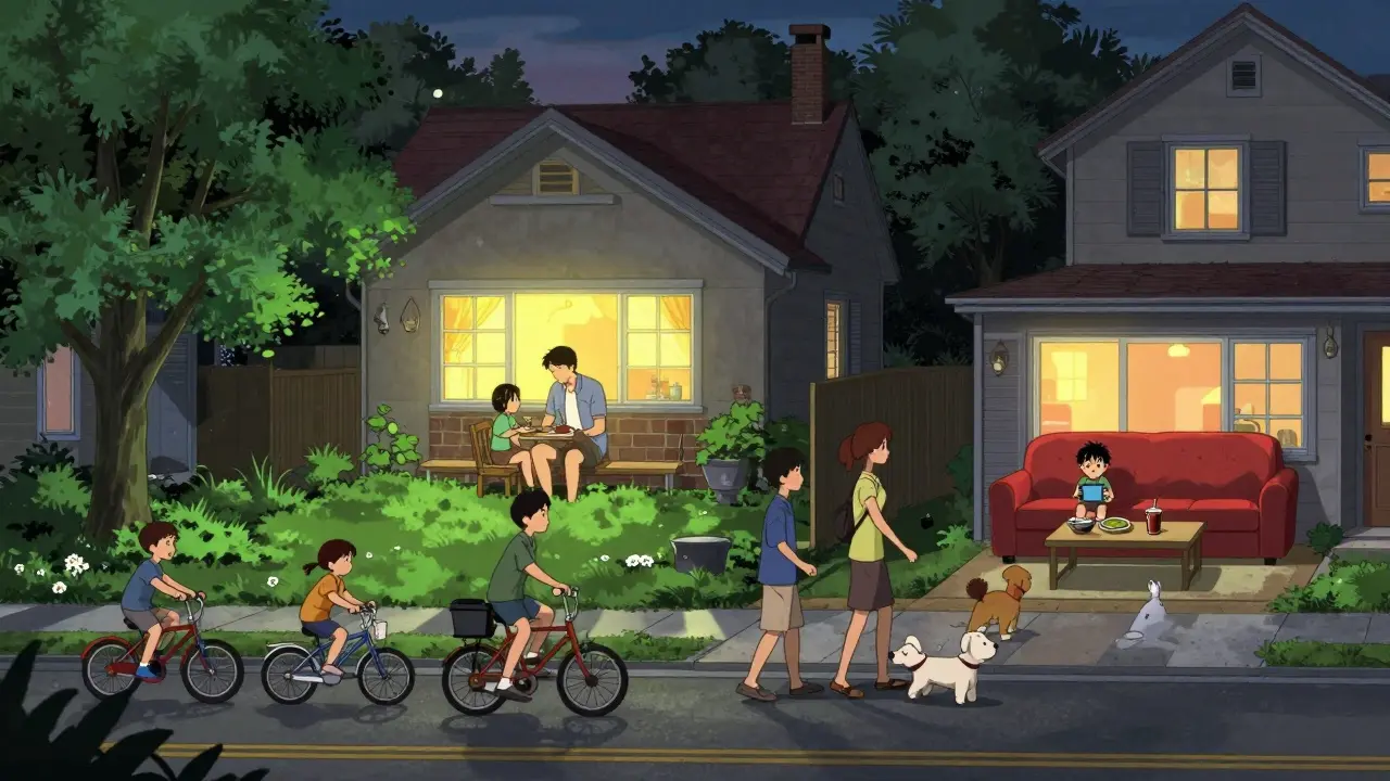 Contrasting scenes of healthy family habits versus screen-based isolation in a suburban neighborhood.