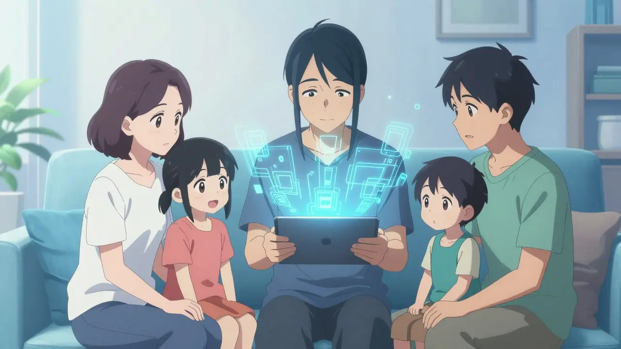 Family collaborating over tablet with abstract digital connection lines.