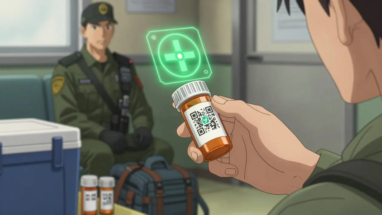 Hand scanning QR code on prescription bottle with holographic verification, border agent in background.