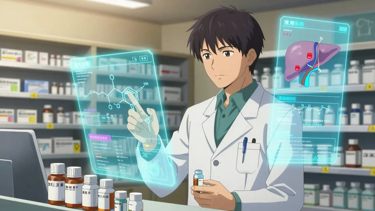 Oncology pharmacist reviewing medications with holographic displays