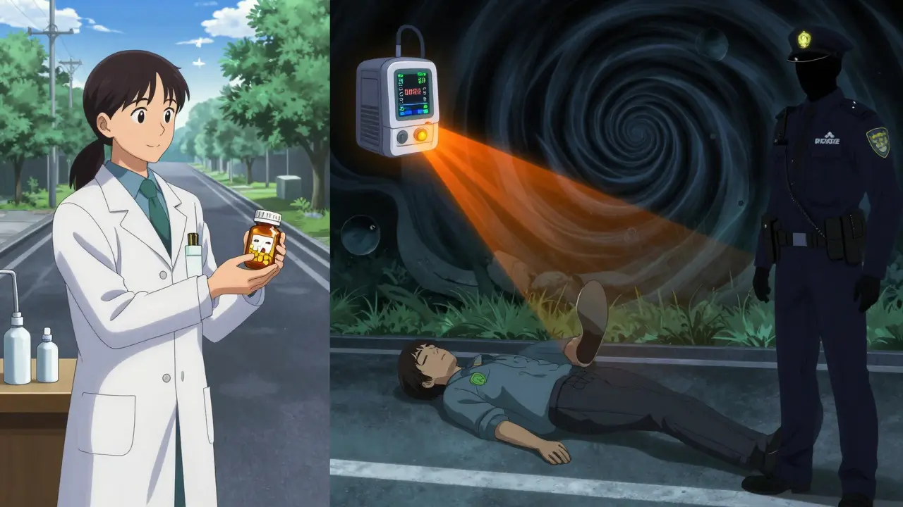 Split scene: a pharmacist handing a pill bottle on one side, the same person failing a sobriety test on the other with a drug-testing device emitting neon beams.