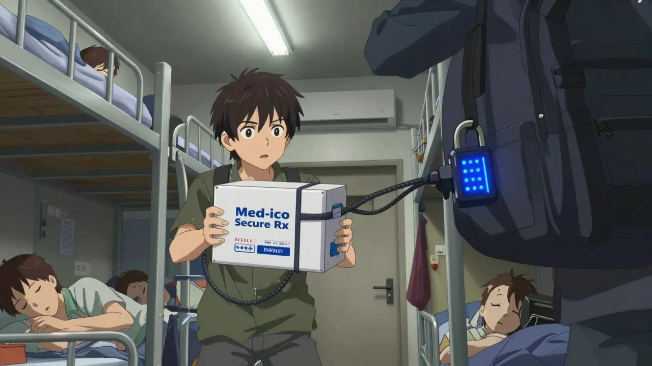 Traveler locks portable medication box to bed frame in a hostel dorm, shadowy figure near unsecured backpack.