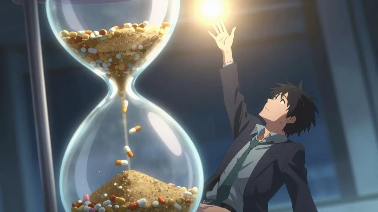 Anime character trapped in a giant hourglass filled with pills, symbolizing medication overuse headache