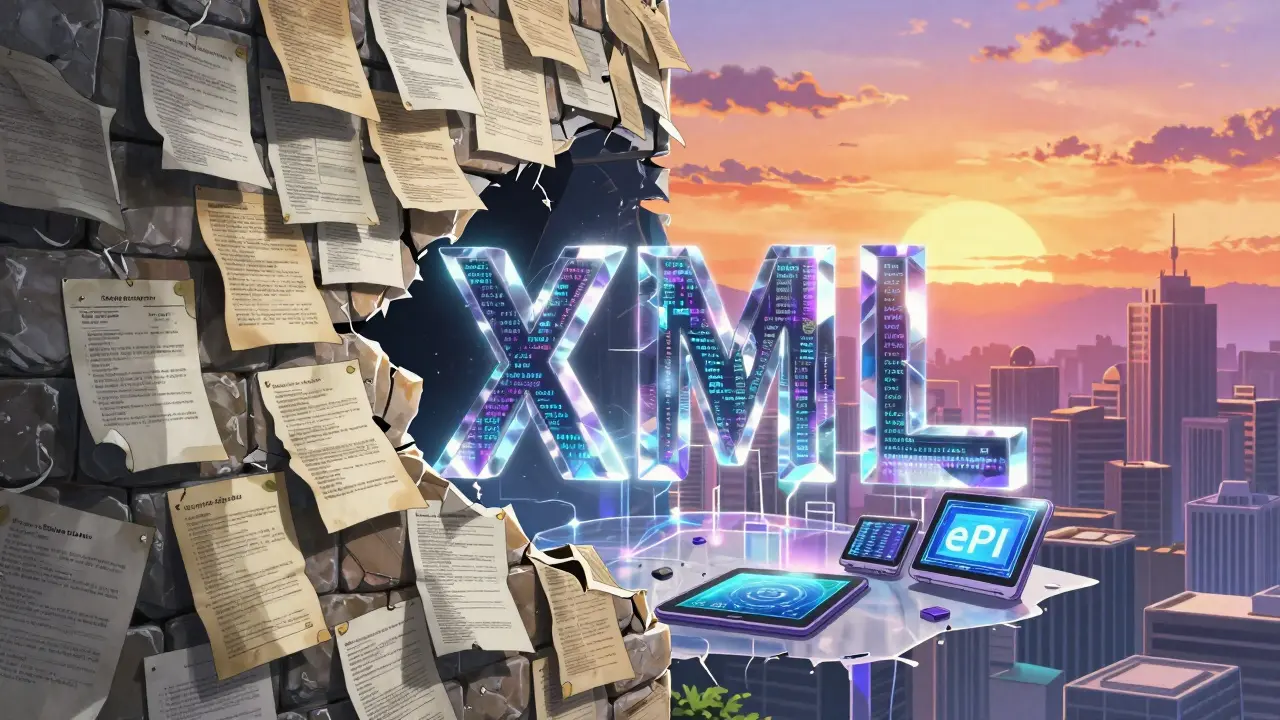 Anime conceptual art showing paper documents transforming into a digital XML crystalline structure.