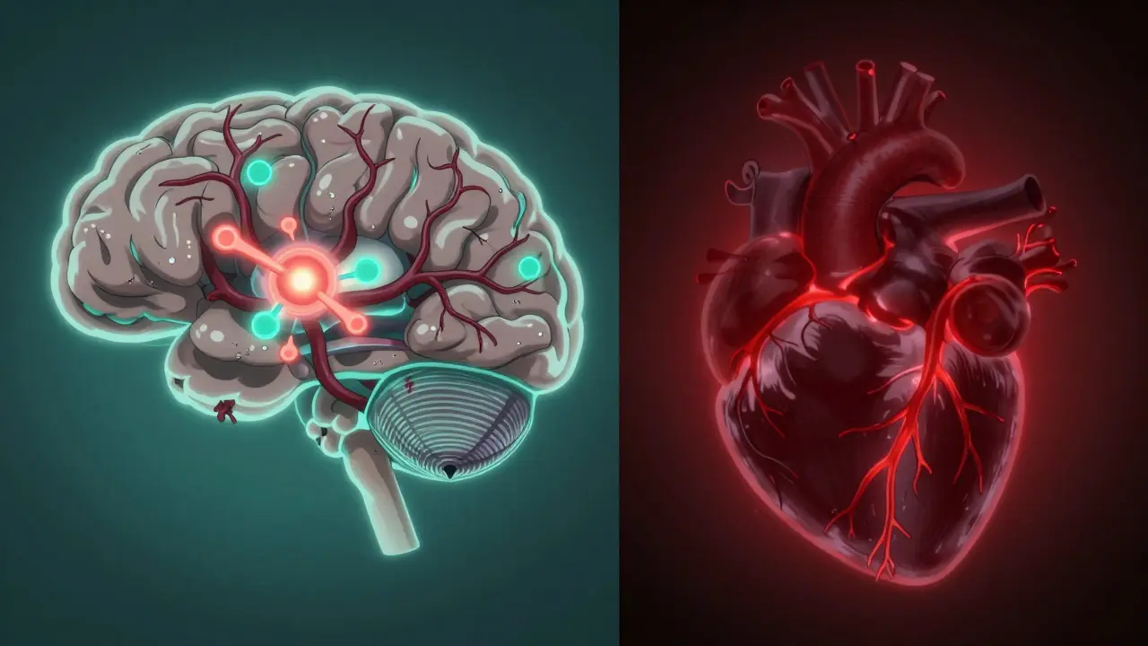 Anime medical conceptual art showing brain blood vessel constriction and a heart with warning signs
