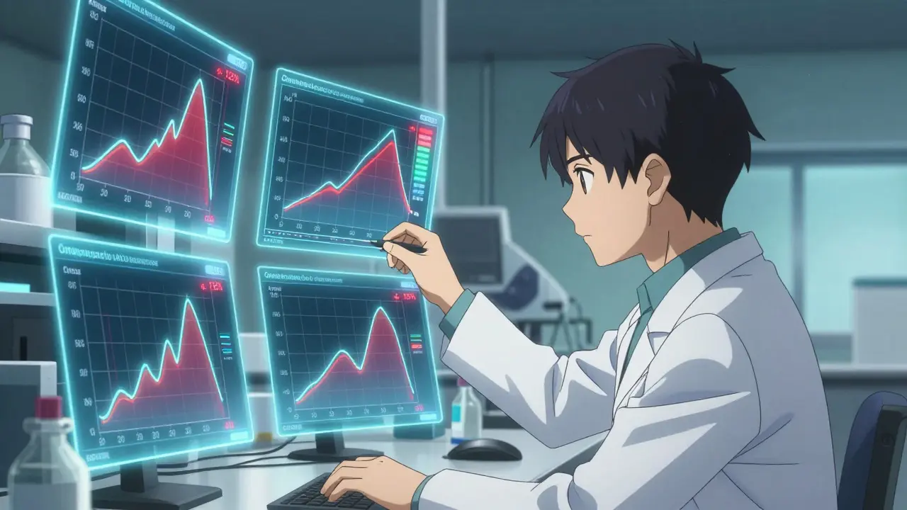 Anime scientist analyzing bioequivalence data on floating neon holographic screens in a lab.