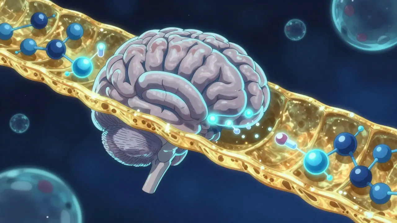 Conceptual visualization of drug molecules interacting with the blood-brain barrier