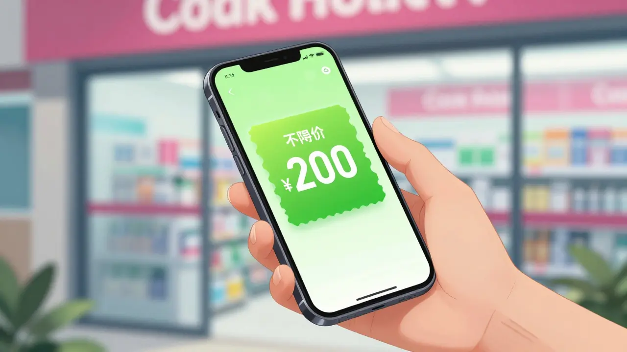 Hand holding a phone with a pharmacy discount coupon in front of a city pharmacy