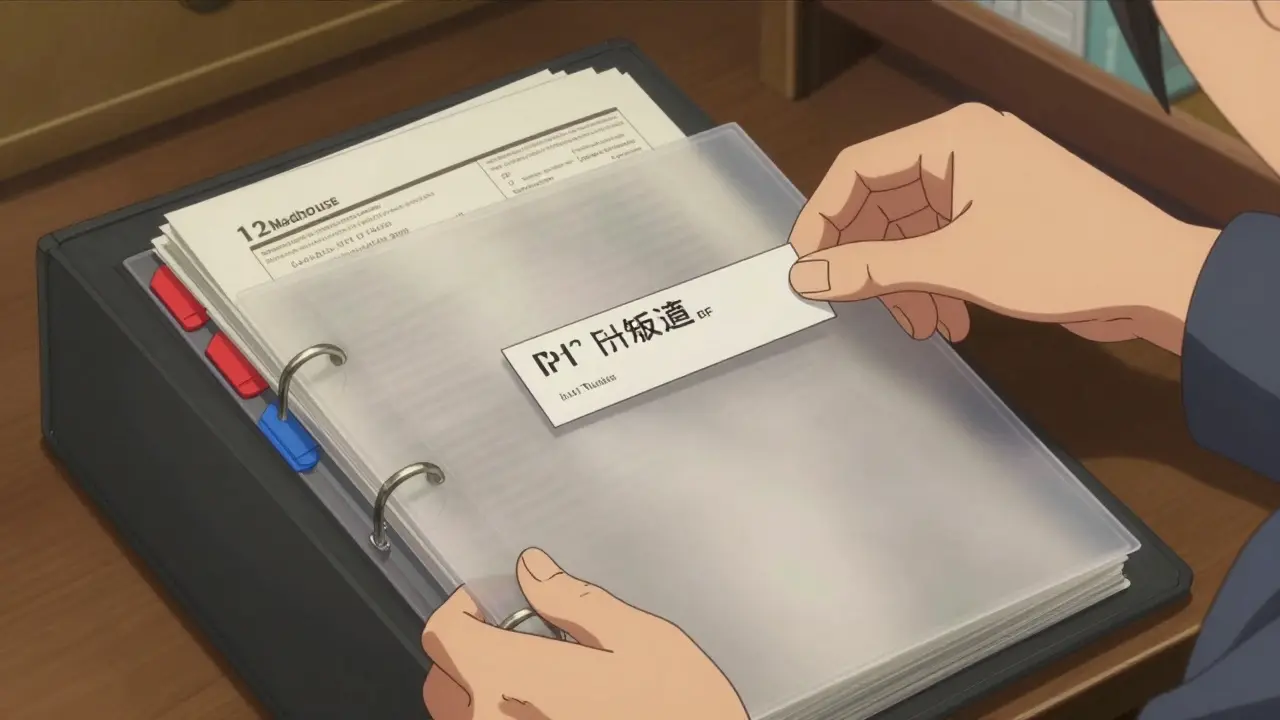 Hands placing a medication label and leaflet into a protective plastic sleeve in a binder