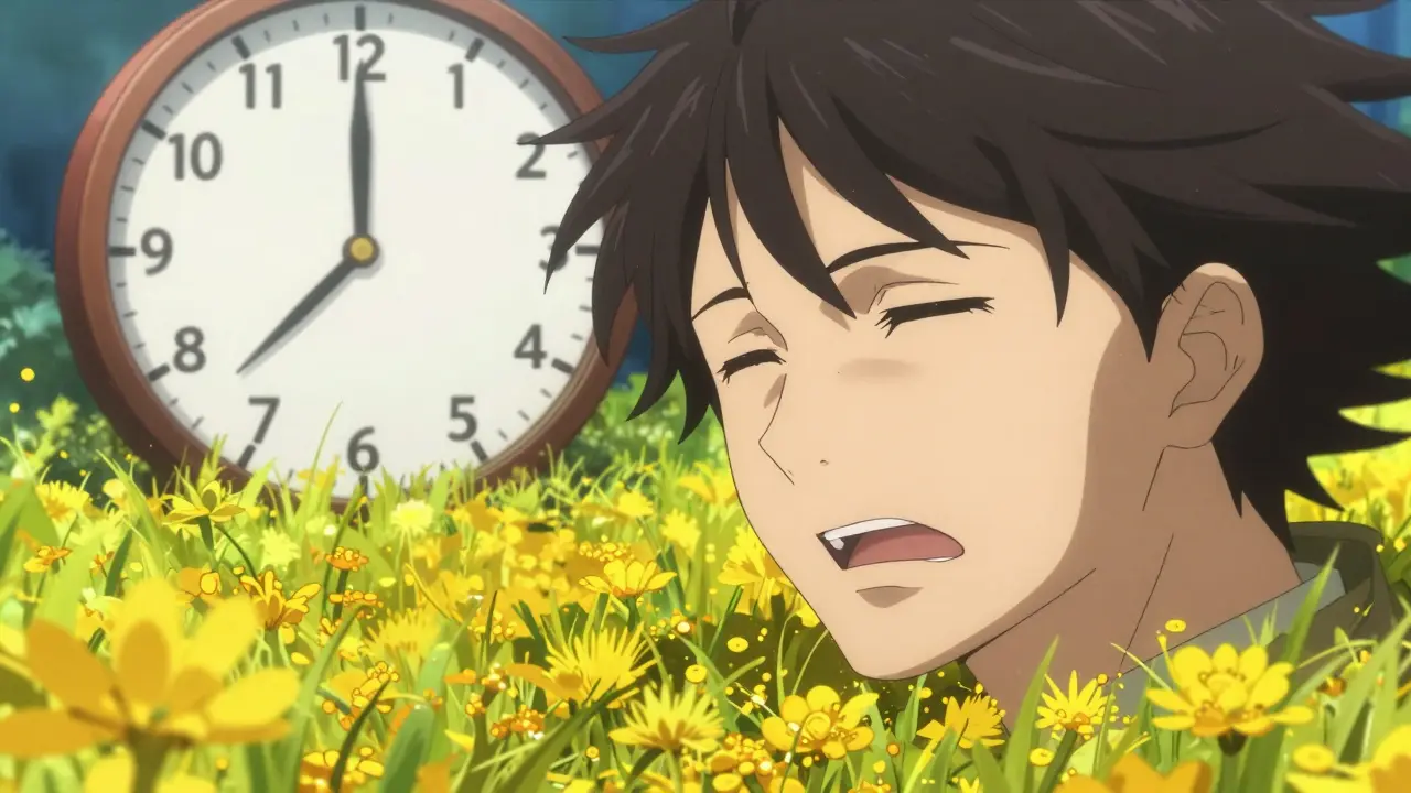 Person feeling immediate relief from allergies in a pollen-filled meadow