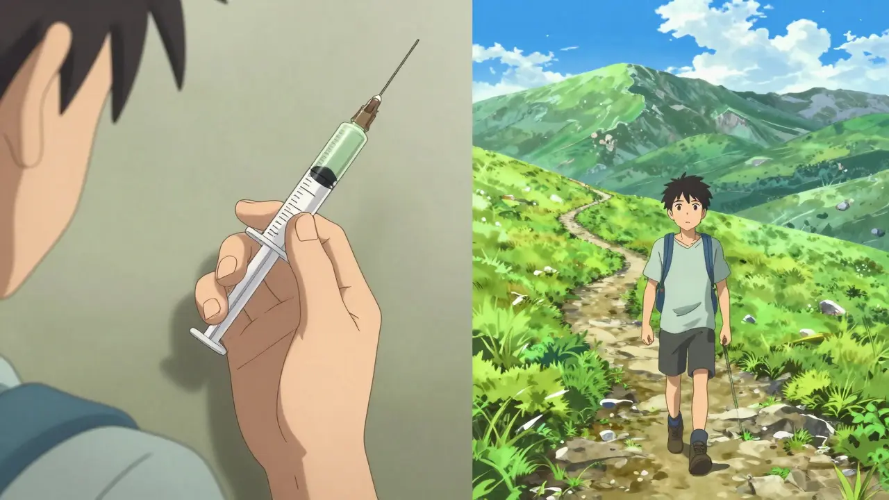 Split-screen anime showing a person preparing an injection and then hiking in a sunny landscape