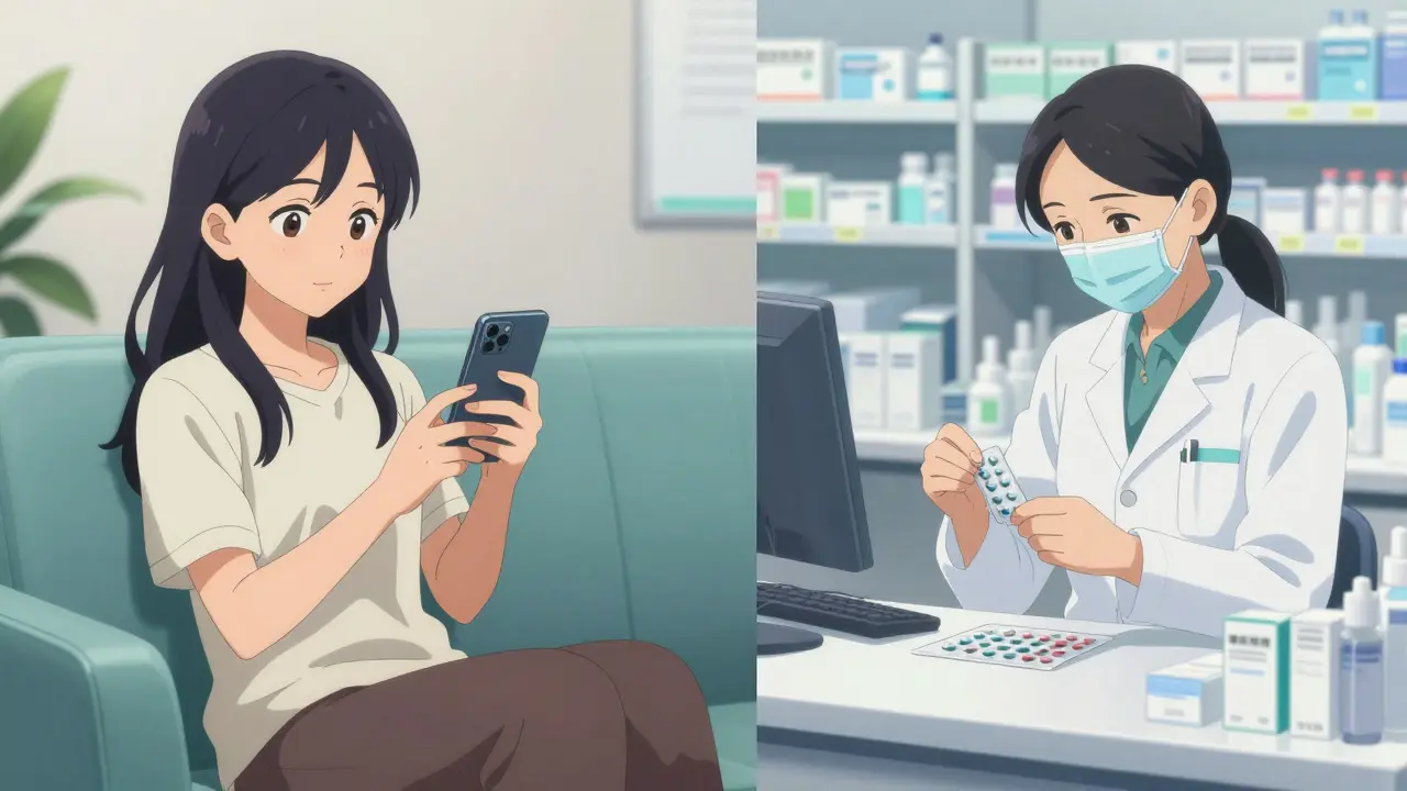 Split screen of a woman on a telemedicine call and a pharmacy preparing a package.