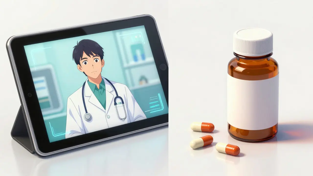 Split screen showing a telehealth doctor consultation and generic medication capsules