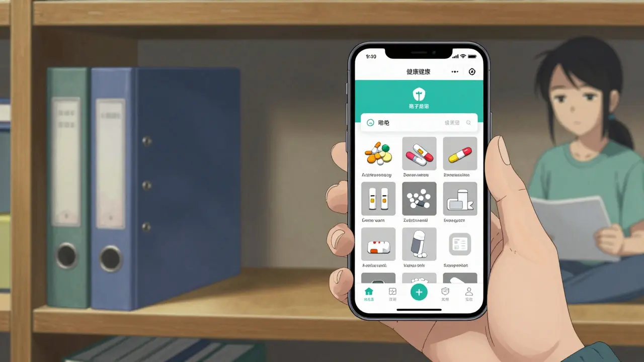 Split view of a physical medical binder and a smartphone displaying a secure health app