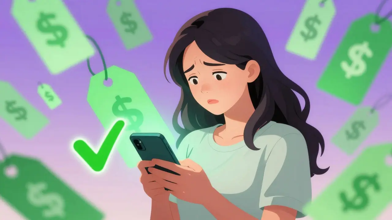 Woman smiling while viewing savings on a healthcare app on her phone.