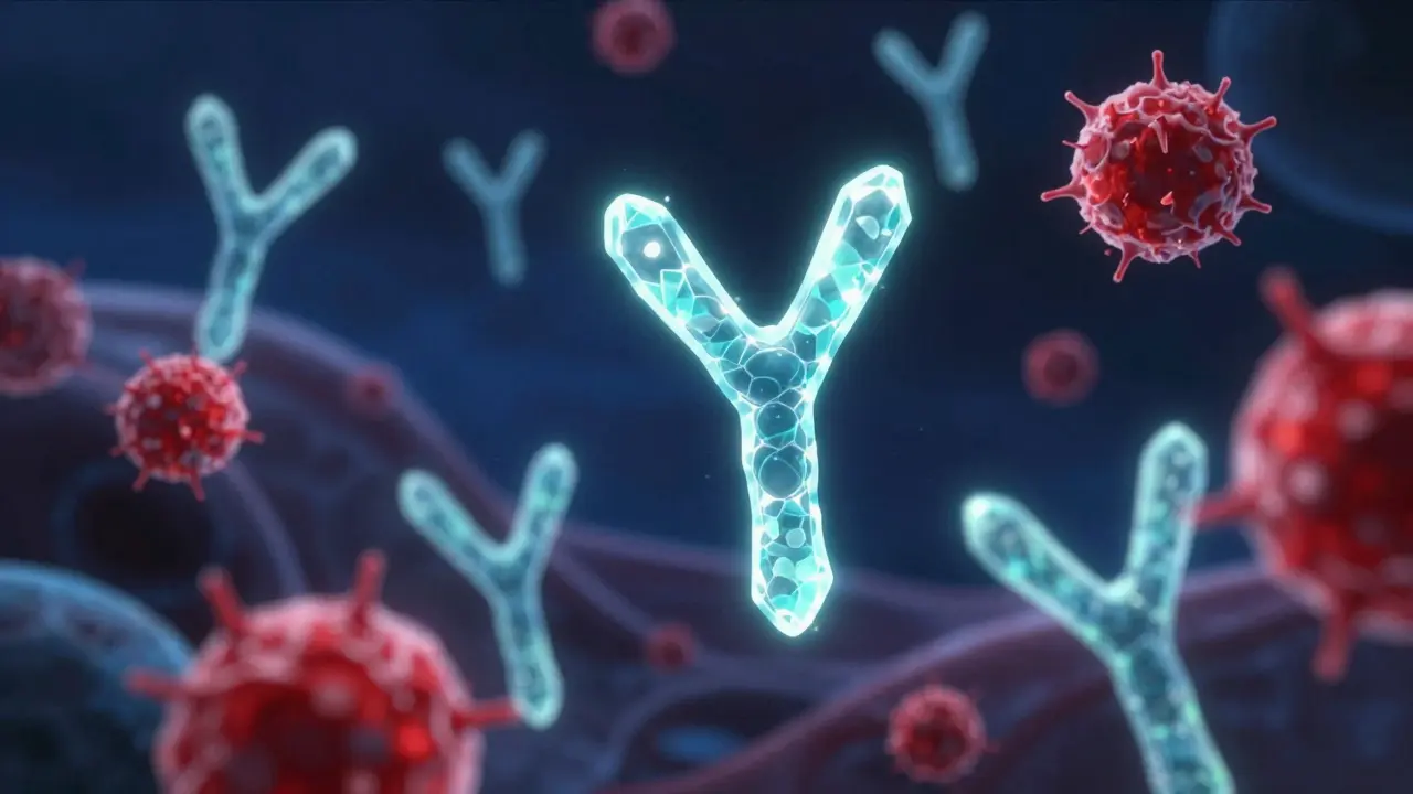 Y-shaped protein warriors neutralizing red TNF-alpha proteins in a stylized blue bloodstream
